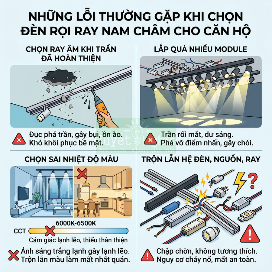 Infographic các lỗi thường gặp khi chọn đèn rọi ray nam châm cho căn hộ và cách tránh khi lắp đặt