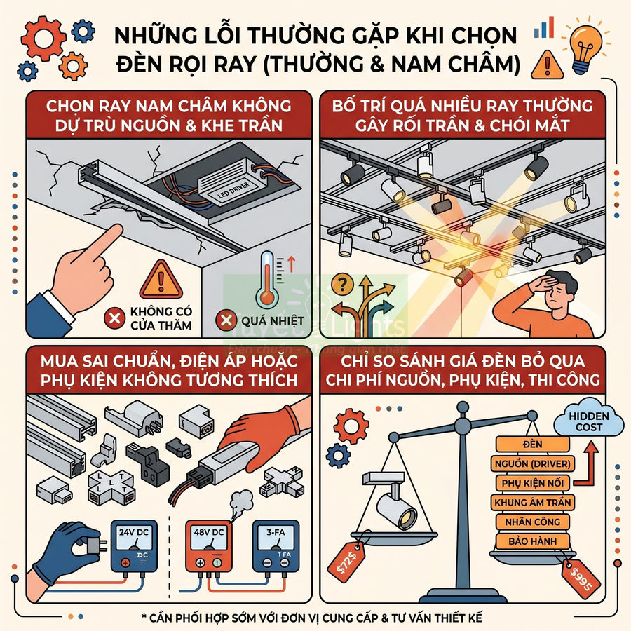 Infographic các lỗi thường gặp khi chọn đèn rọi ray nam châm, sai chuẩn ray, nguồn, phụ kiện và chi phí lắp đặt