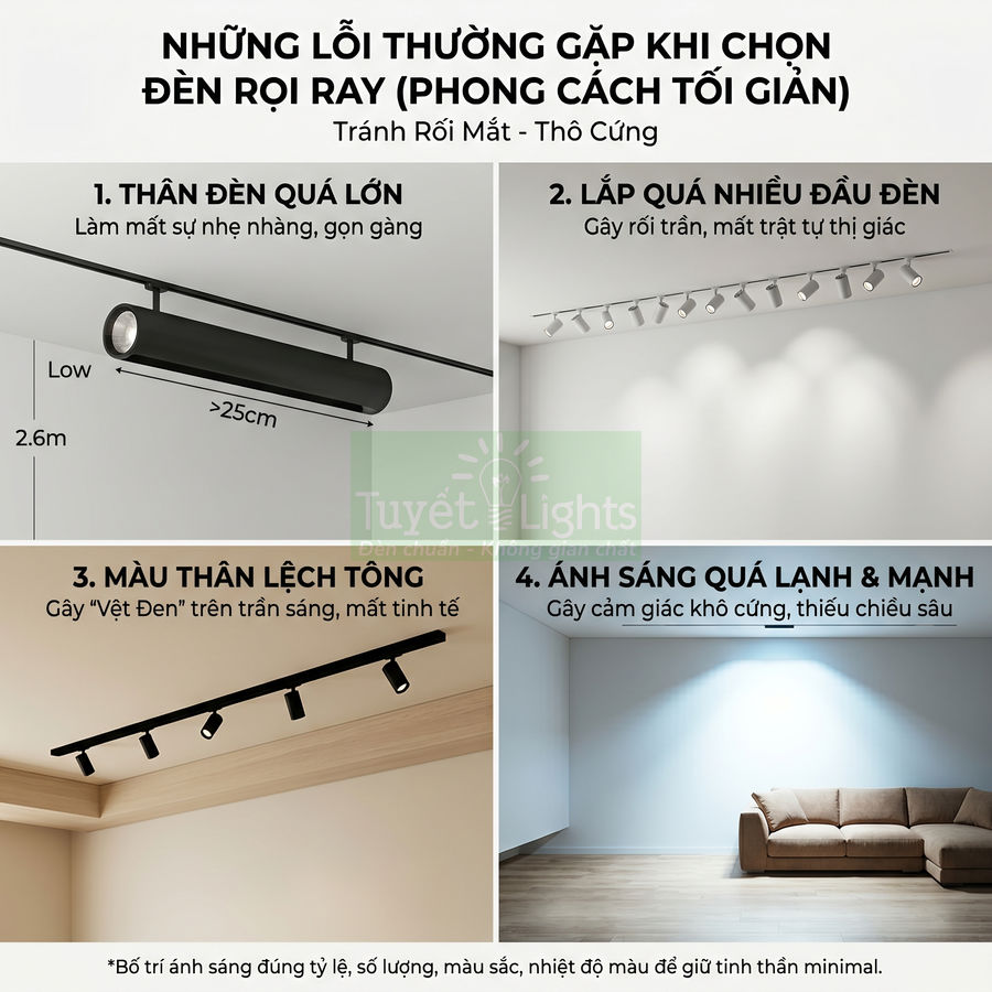Đèn rọi ray trần nhà phong cách tối giản, minh họa các lỗi chọn kích thước, số lượng và màu ánh sáng