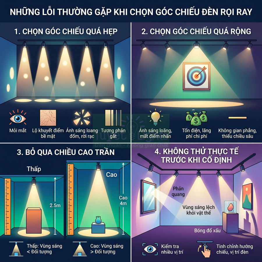 Minh họa các lỗi thường gặp khi chọn góc chiếu đèn rọi ray trong không gian nội thất