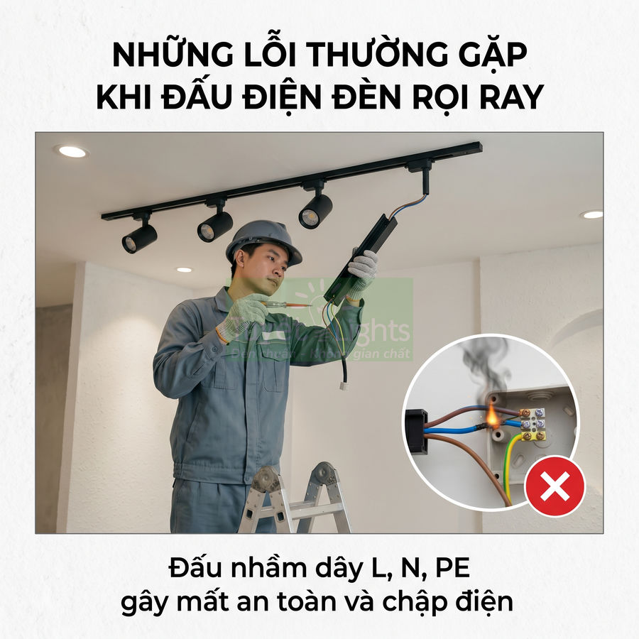 Thợ điện đấu nối dây cho hệ thống đèn rọi ray trần nhà và cảnh báo chập cháy do đấu nhầm dây điện