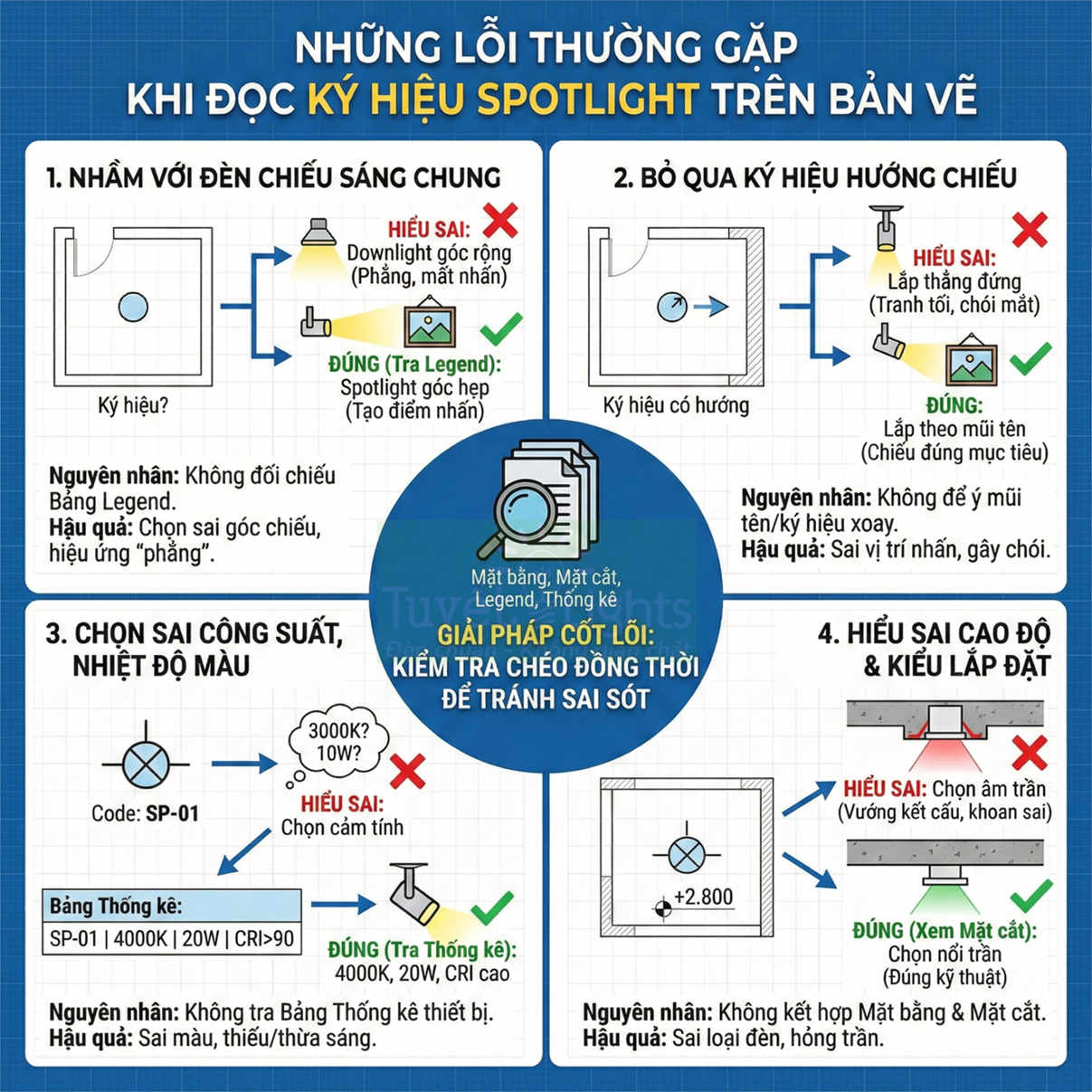 Infographic hướng dẫn tránh lỗi khi đọc ký hiệu spotlight trên bản vẽ chiếu sáng nội thất