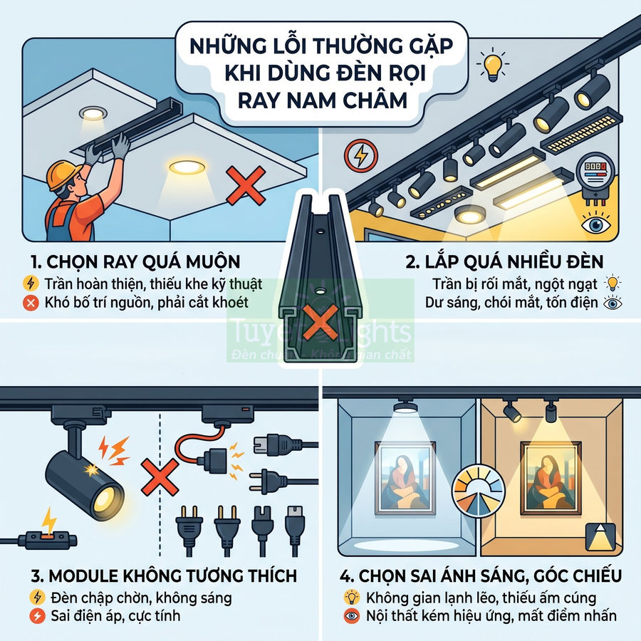 Infographic minh họa các lỗi thường gặp khi lắp đặt đèn rọi ray nam châm trong nhà