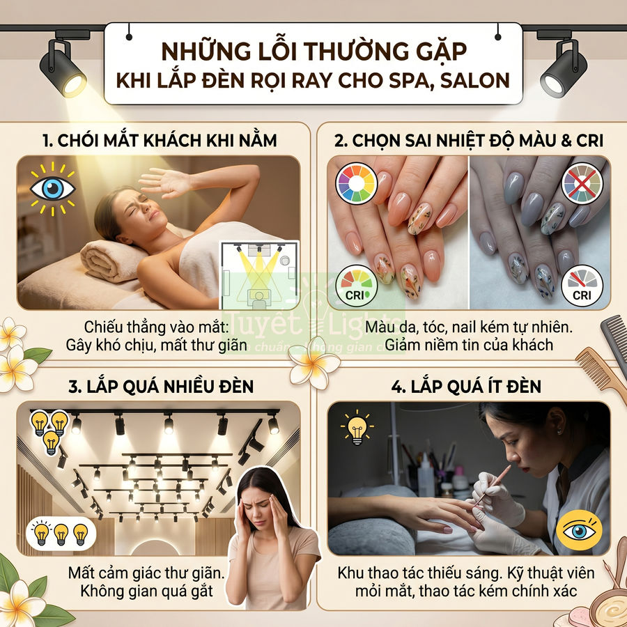 Những lỗi thường gặp khi lắp đèn rọi ray cho spa salon, minh họa chói mắt, sai nhiệt độ màu, lắp quá nhiều hoặc quá ít đèn