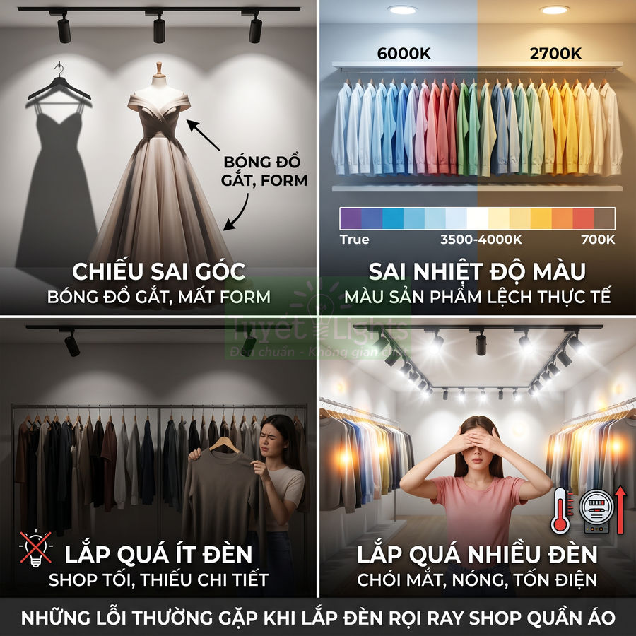 Các lỗi lắp đèn rọi ray cho shop quần áo làm sai màu, mất form và gây chói nóng cho sản phẩm trưng bày