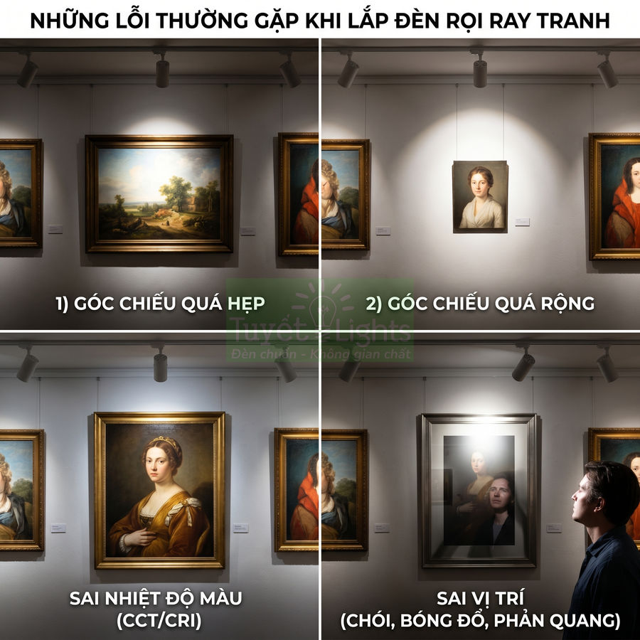 Các lỗi thường gặp khi lắp đèn rọi ray tranh trong phòng trưng bày tranh treo tường