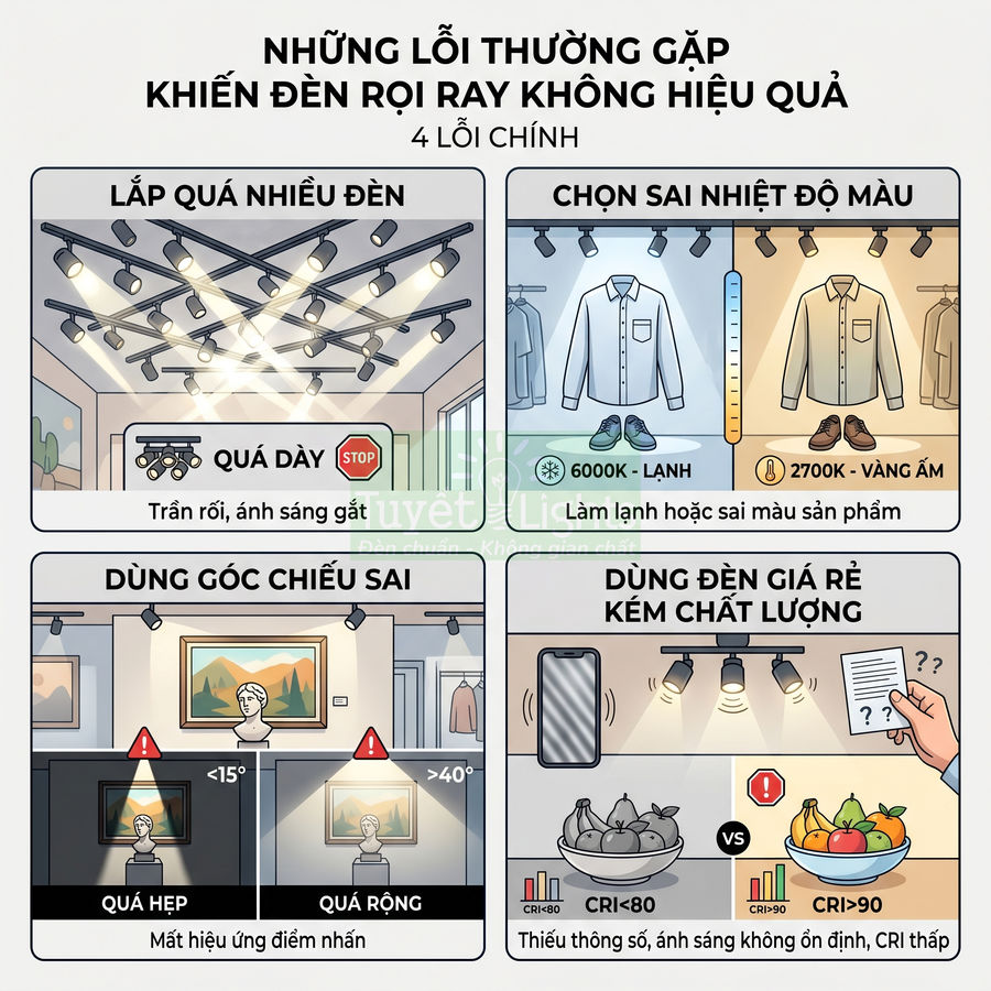 Minh họa các lỗi thường gặp khi lắp đặt và sử dụng đèn rọi ray chiếu sáng sản phẩm trong cửa hàng