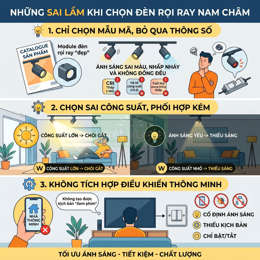 Infographic những sai lầm khi chọn đèn rọi ray nam châm về mẫu mã, công suất và điều khiển thông minh