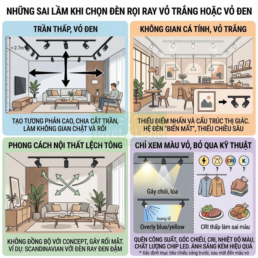 Minh họa các lỗi thường gặp khi chọn đèn rọi ray vỏ trắng hoặc vỏ đen cho không gian nội thất