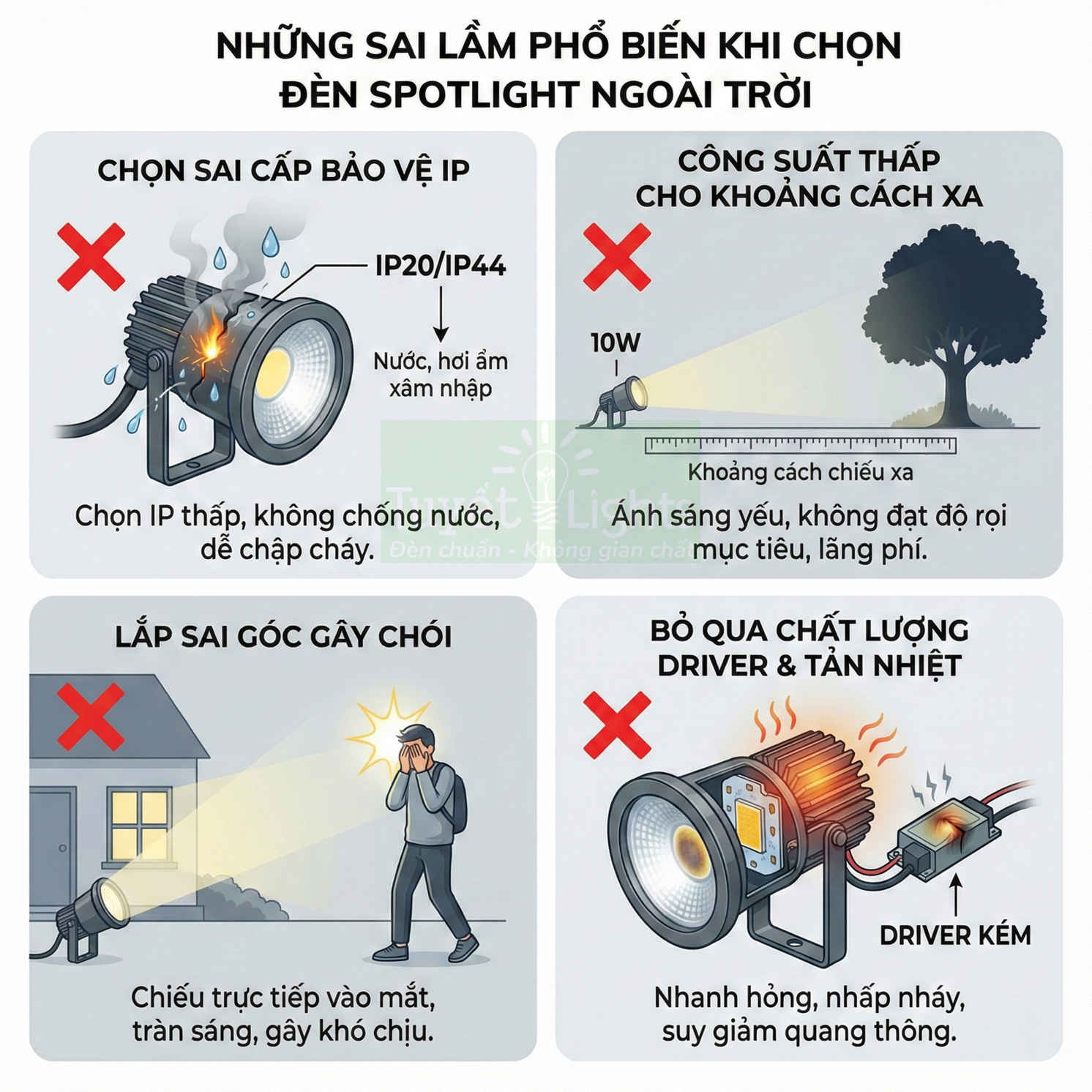 Các lỗi thường gặp khi chọn và lắp đặt đèn spotlight ngoài trời, minh họa IP, công suất, góc chiếu và tản nhiệt