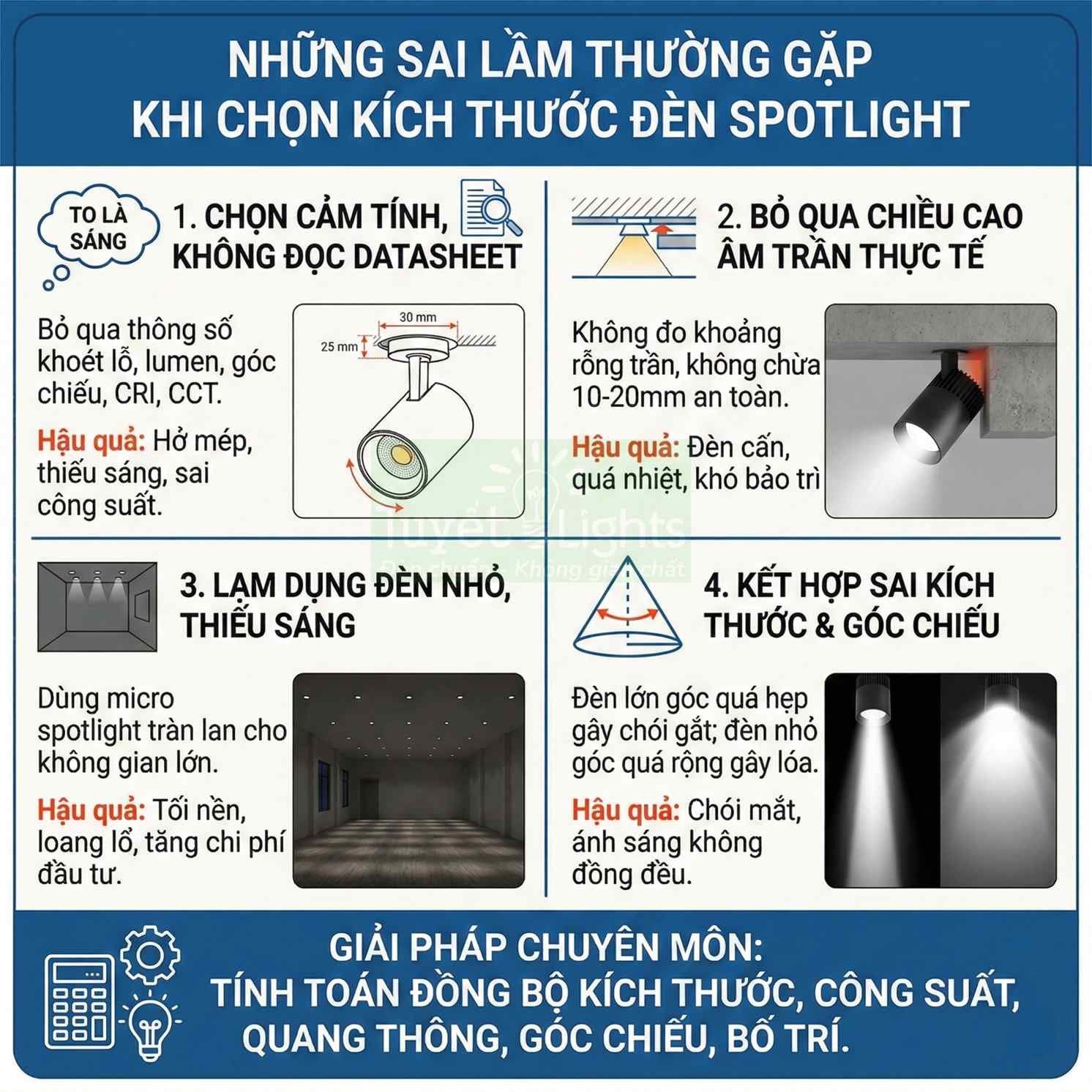 Infographic những sai lầm khi chọn kích thước đèn spotlight âm trần và giải pháp tính toán chuyên môn