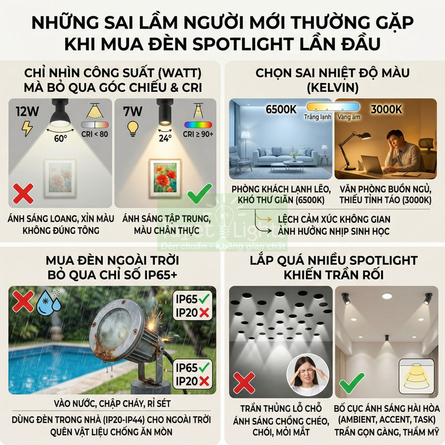 Infographic hướng dẫn chọn mua đèn spotlight đúng công suất, góc chiếu, CRI, nhiệt độ màu và chỉ số IP65 chống nước