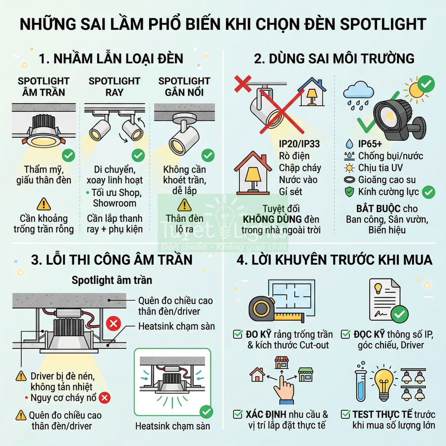 Infographic hướng dẫn chọn và lắp đặt đèn spotlight âm trần, spotlight ray, spotlight gắn nổi đúng môi trường