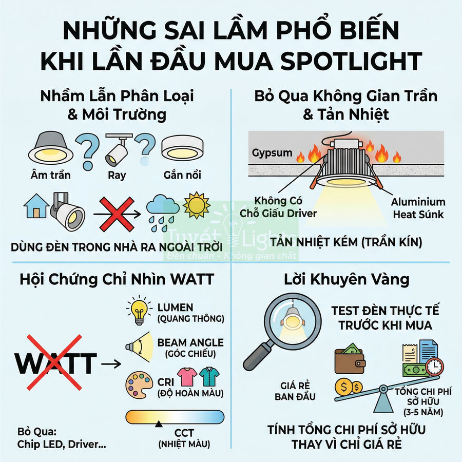 Infographic những sai lầm phổ biến khi lần đầu mua đèn spotlight và lưu ý chọn đèn LED phù hợp