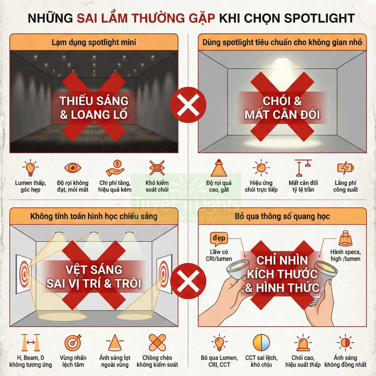 Infographic những sai lầm thường gặp khi chọn đèn spotlight cho không gian chiếu sáng trong nhà