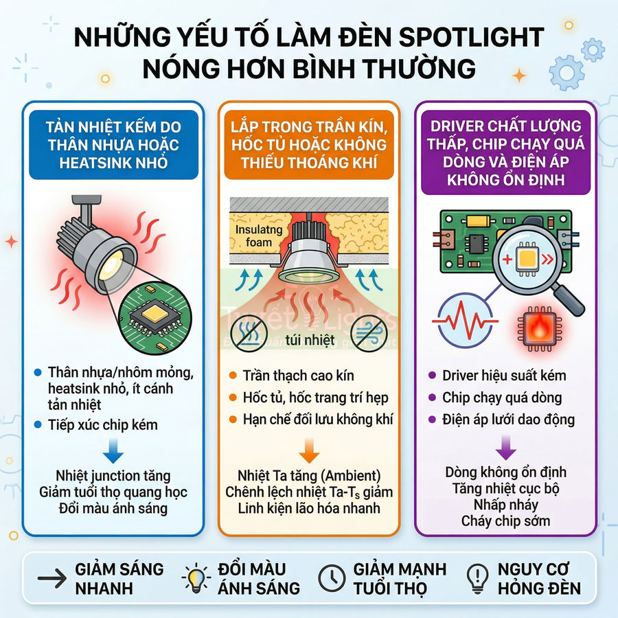 Infographic các nguyên nhân khiến đèn spotlight LED nóng hơn bình thường và ảnh hưởng độ sáng, tuổi thọ, nguy cơ hỏng đèn