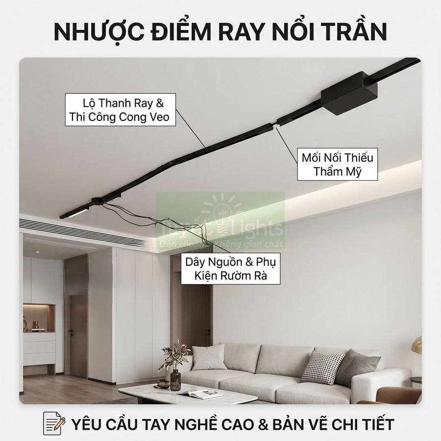 Hệ thống đèn ray nổi trần màu đen trong phòng khách hiện đại với dây nguồn và mối nối lộ kém thẩm mỹ