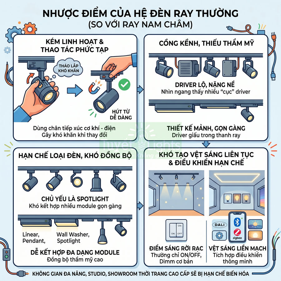 So sánh nhược điểm đèn ray thường với đèn ray nam châm về lắp đặt, thẩm mỹ, loại đèn và khả năng điều khiển