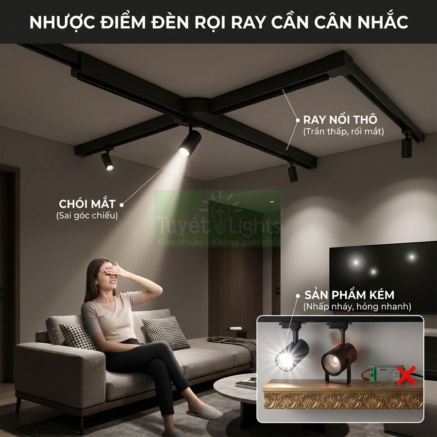 Đèn rọi ray trần phòng khách gây chói mắt và khó chịu khi sử dụng, minh họa nhược điểm sản phẩm