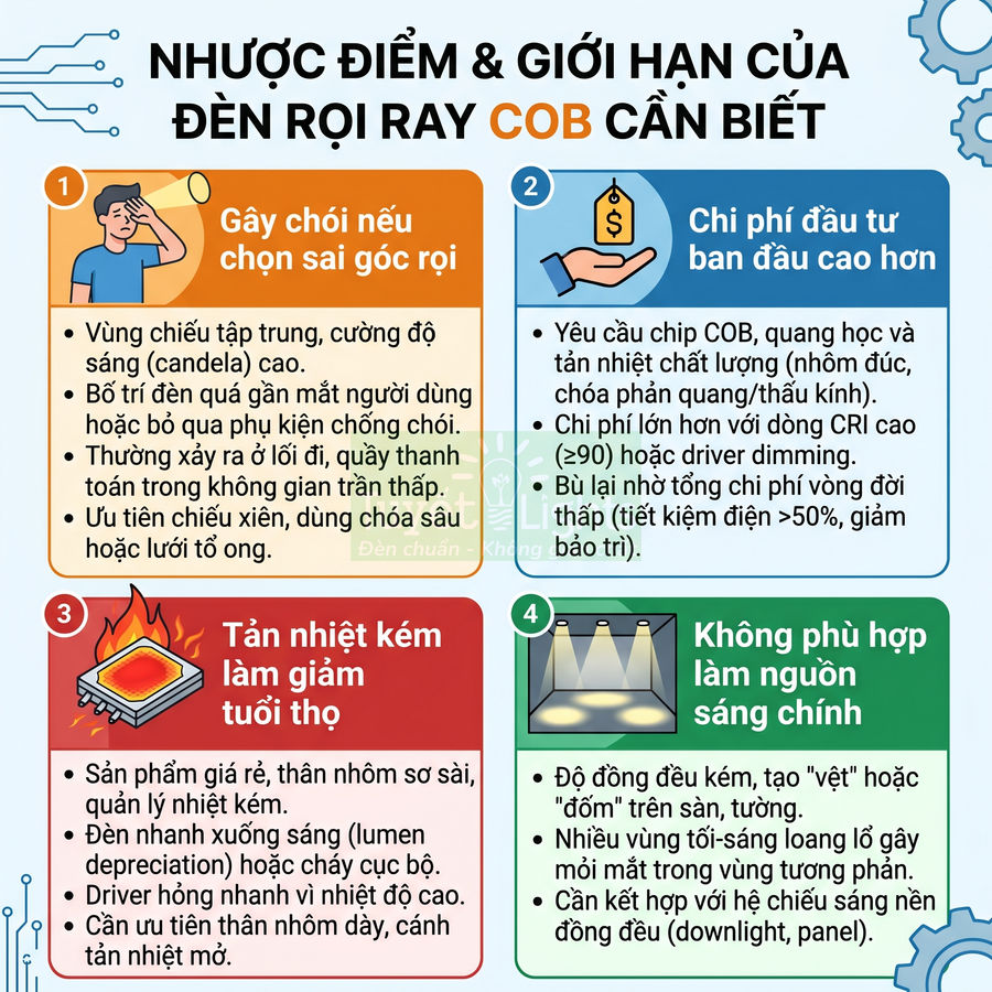 Nhược điểm và giới hạn của đèn rọi ray COB về chói sáng, chi phí, tản nhiệt kém và không phù hợp làm nguồn sáng chính