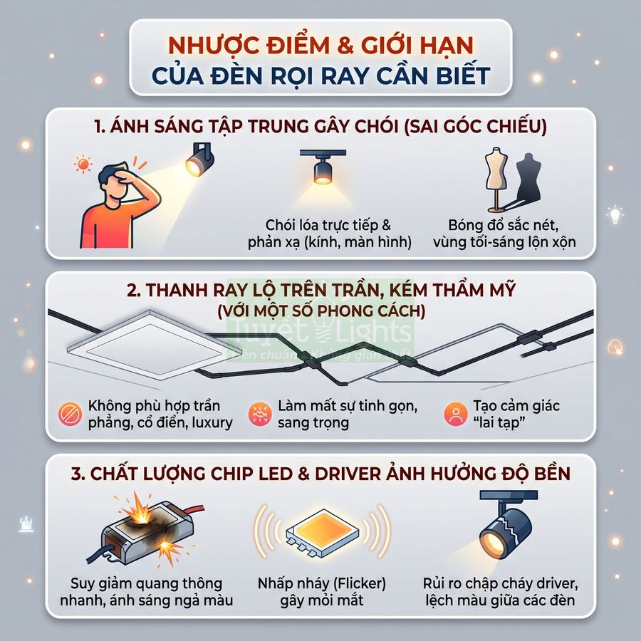 Infographic nhược điểm và giới hạn của đèn rọi ray về ánh sáng, thẩm mỹ trần và chất lượng chip LED, driver