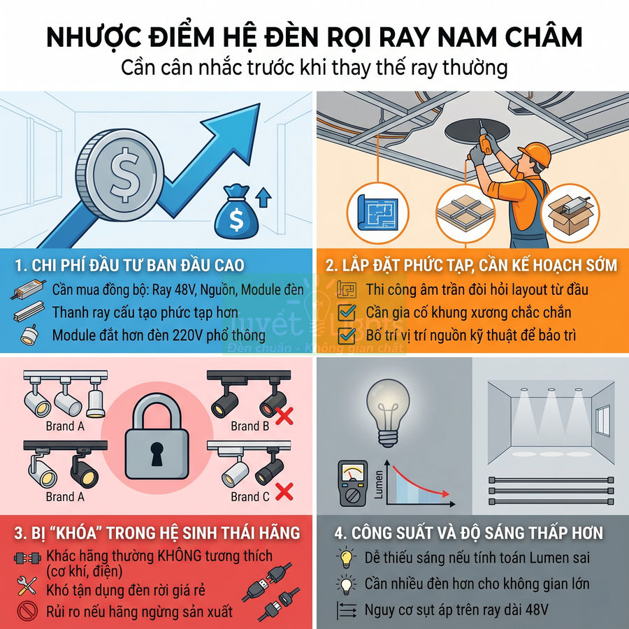 Infographic nhược điểm hệ đèn rọi ray nam châm về chi phí cao, lắp đặt phức tạp, khóa hệ sinh thái hãng và độ sáng thấp