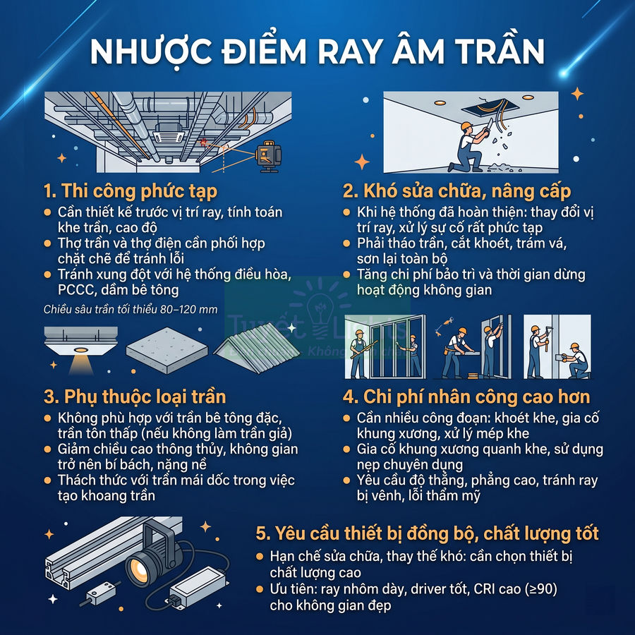 Infographic nhược điểm ray âm trần cho đèn chiếu sáng, mô tả thi công phức tạp, khó sửa chữa và chi phí cao