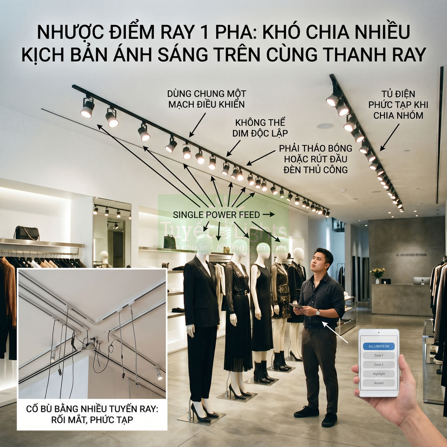 Hệ thống đèn rọi ray 1 pha trong cửa hàng thời trang, nhân viên dùng điều khiển để quản lý ánh sáng