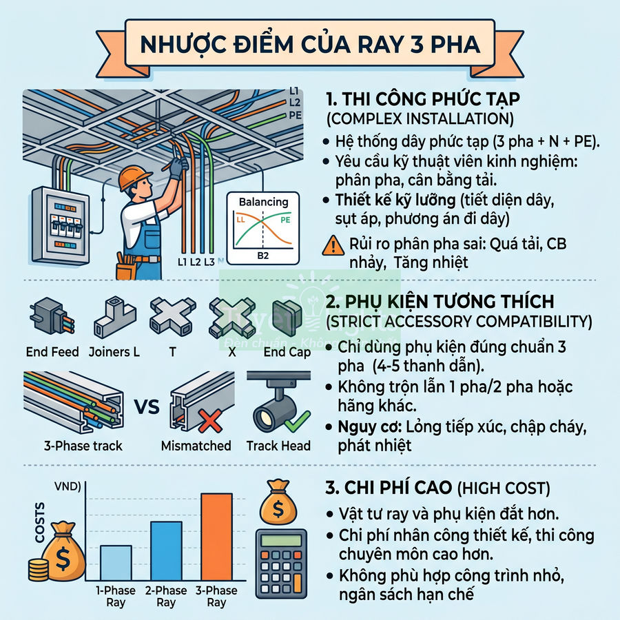 Infographic nhược điểm của ray đèn 3 pha về thi công phức tạp, phụ kiện tương thích và chi phí cao