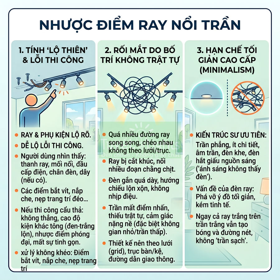 Nhược điểm ray nổi trần trong thiết kế chiếu sáng nội thất, minh họa lỗi thi công và bố trí đèn rối mắt
