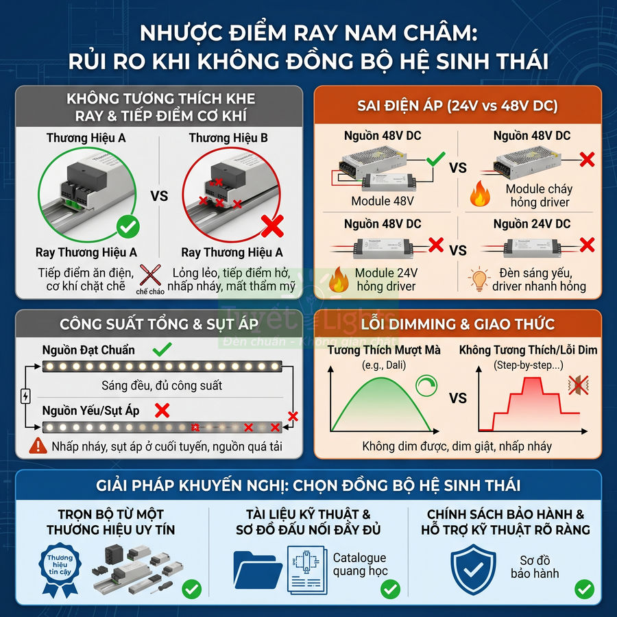 Infographic nhược điểm ray nam châm không đồng bộ hệ sinh thái và giải pháp chọn trọn bộ thương hiệu uy tín