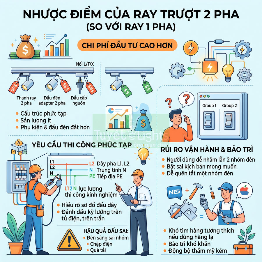 Infographic nhược điểm của ray trượt đèn 2 pha so với ray 1 pha về chi phí, thi công và rủi ro vận hành