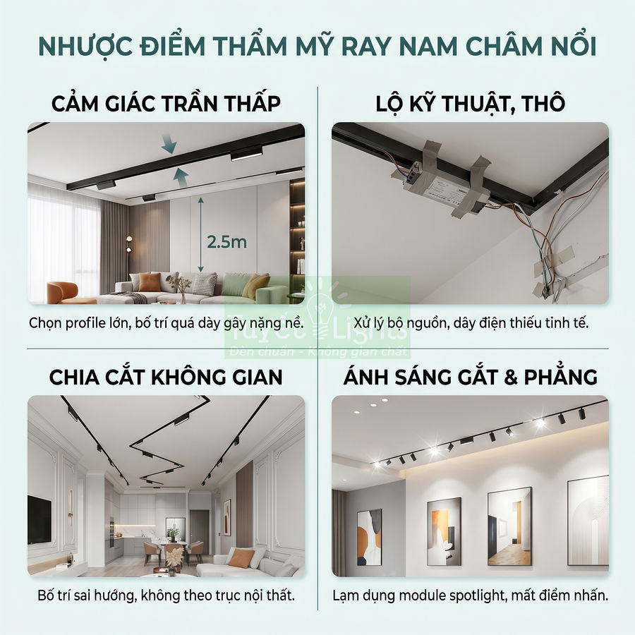 Nhược điểm thẩm mỹ của hệ thống đèn ray nam châm nổi trong không gian nội thất hiện đại