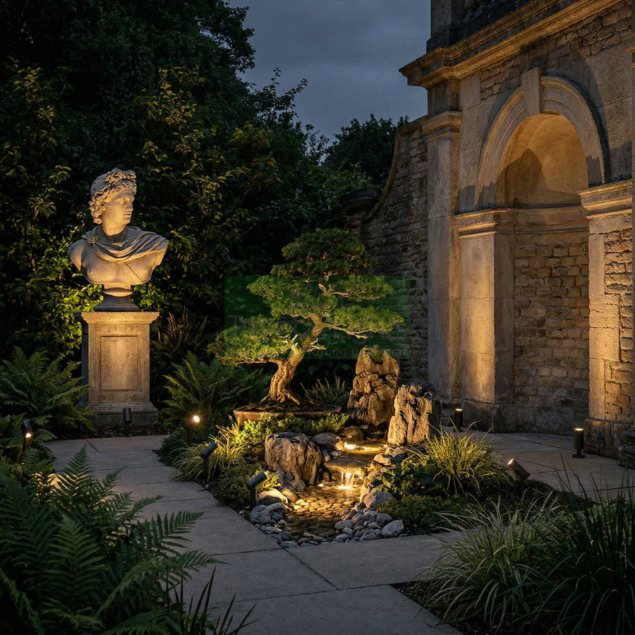 Vườn tiểu cảnh đá và cây bonsai được chiếu sáng ban đêm cạnh tượng bán thân cổ điển