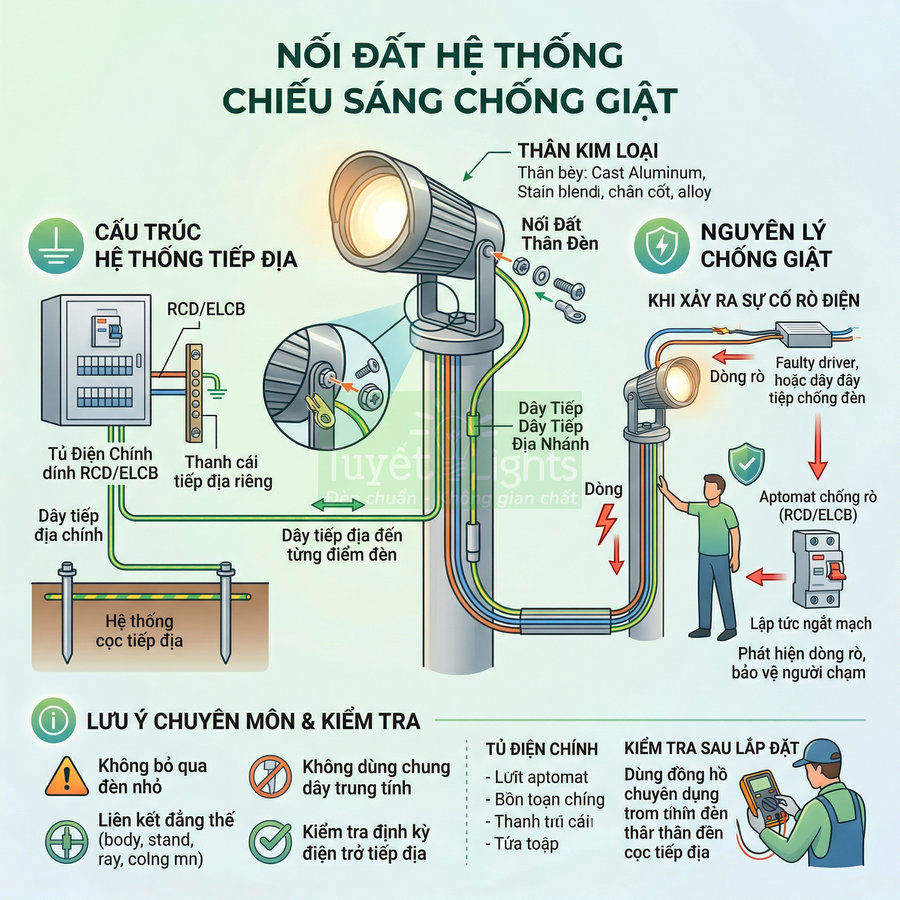 Sơ đồ nối đất hệ thống đèn chiếu sáng ngoài trời chống giật với tủ điện và cọc tiếp địa an toàn