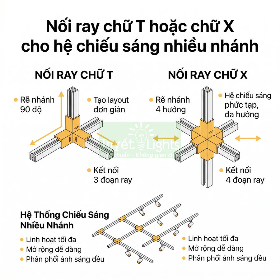 Mô tả nối ray chữ T và chữ X cho hệ thống chiếu sáng nhiều nhánh với đèn rọi ray phân nhánh