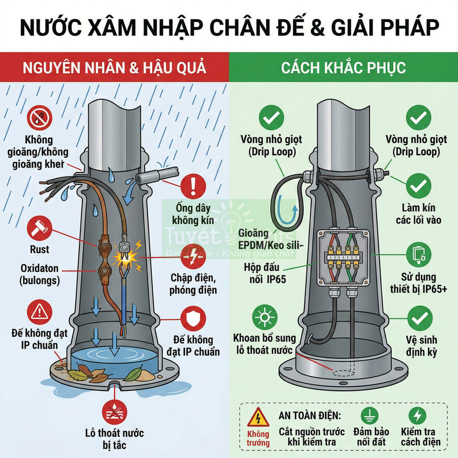 Minh họa nguyên nhân nước xâm nhập chân đế đèn đường và giải pháp chống thấm, chống rò điện an toàn