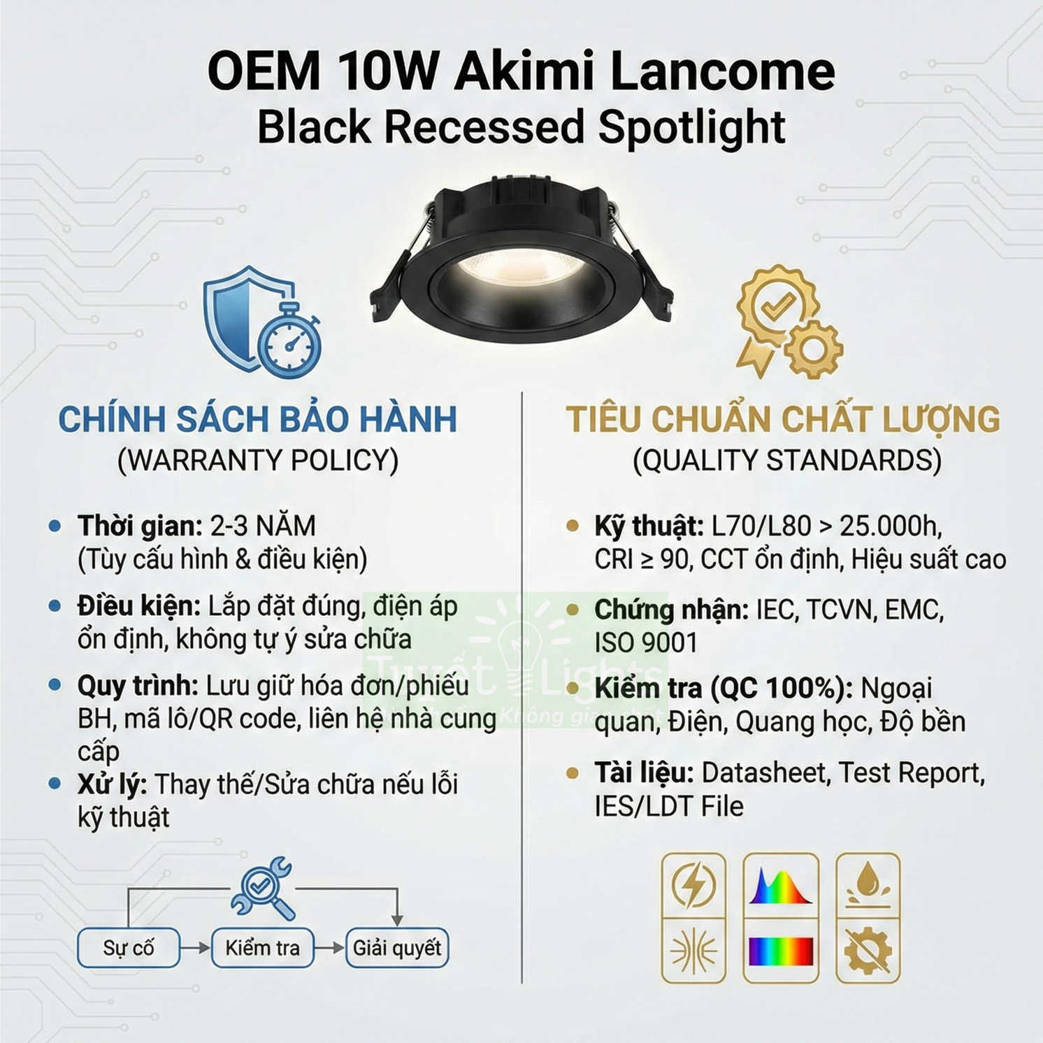 Đèn downlight âm trần Akimi Lancome OEM 10W màu đen kèm thông tin bảo hành và tiêu chuẩn chất lượng