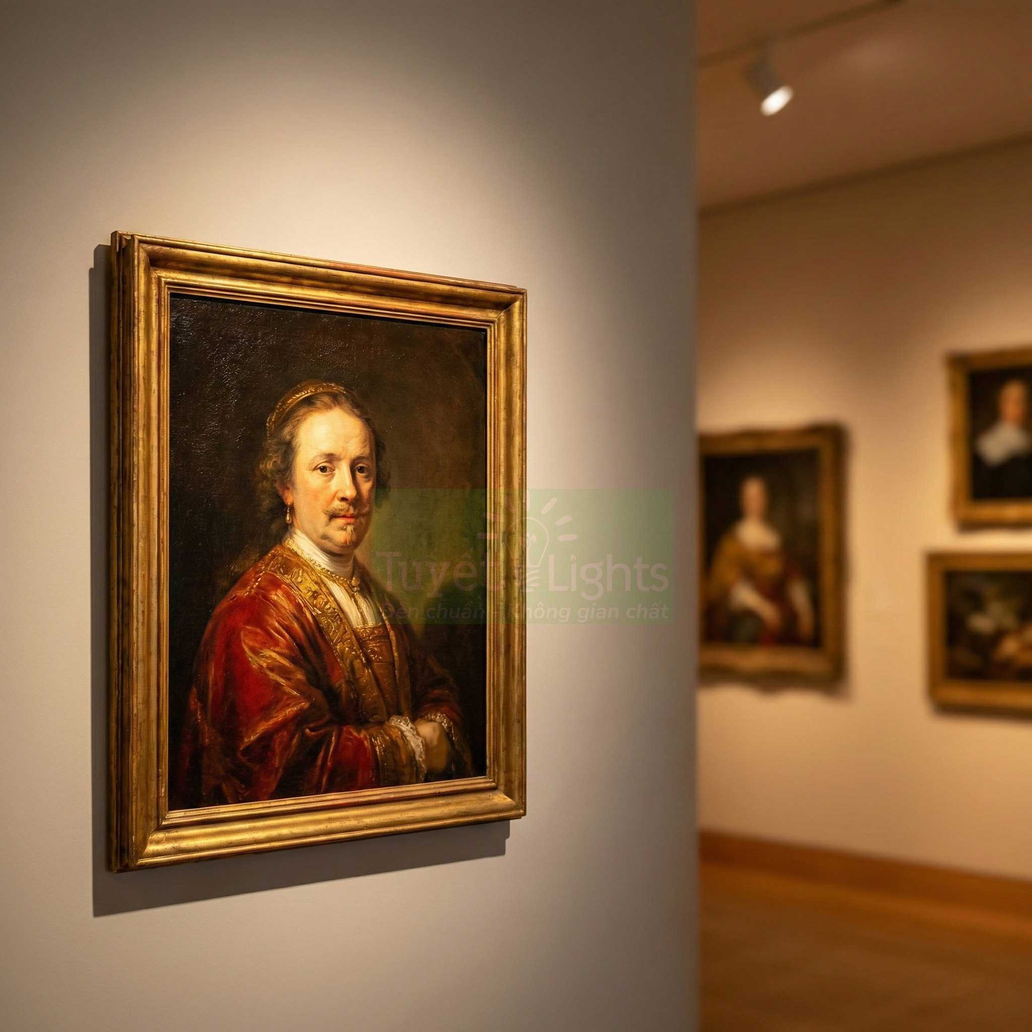 Tranh chân dung cổ điển trong khung gỗ treo trên tường phòng trưng bày nghệ thuật