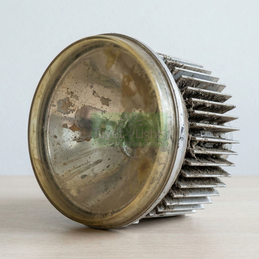 Đèn LED công nghiệp cũ bám bụi và ố vàng phần chóa và tản nhiệt