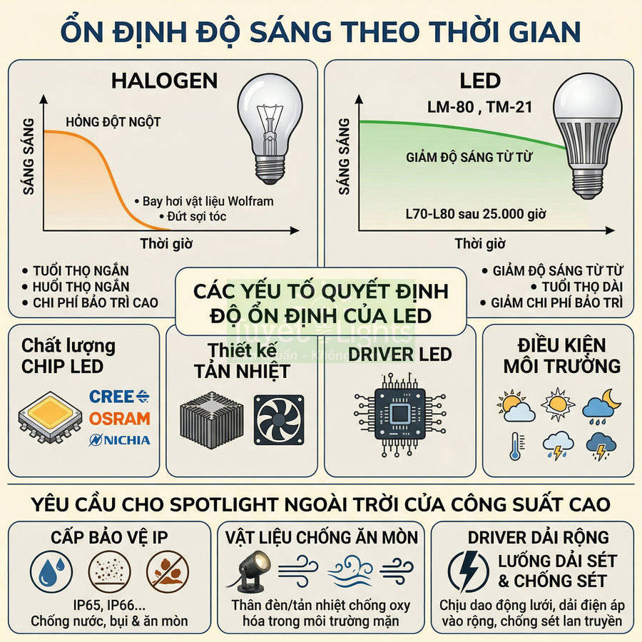 So sánh độ ổn định độ sáng đèn halogen và đèn LED, các yếu tố quyết định tuổi thọ và yêu cầu spotlight ngoài trời