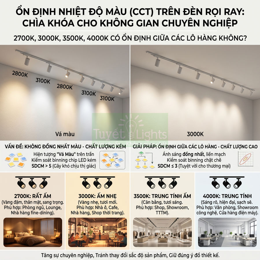 Đèn rọi ray LED Tuyết Lights với các mức nhiệt độ màu 2700K đến 4000K cho không gian chuyên nghiệp