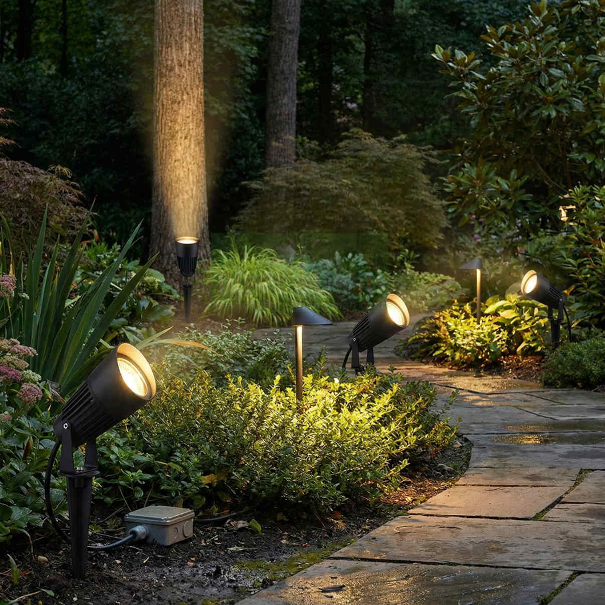 Đèn LED chiếu sáng sân vườn ngoài trời dọc lối đi, tạo ánh sáng vàng nổi bật cây xanh