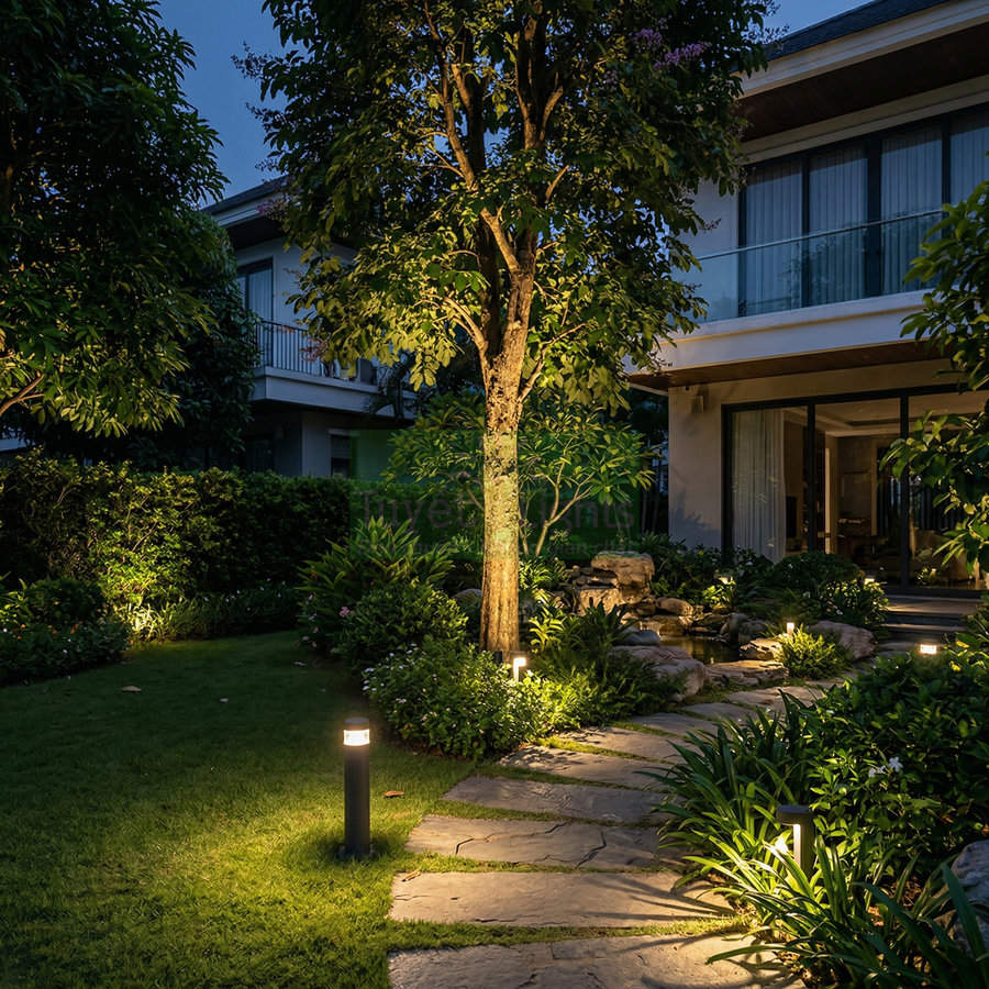 Đèn trụ sân vườn chiếu sáng lối đi đá trước nhà vào buổi tối, tạo không gian ngoài trời ấm áp
