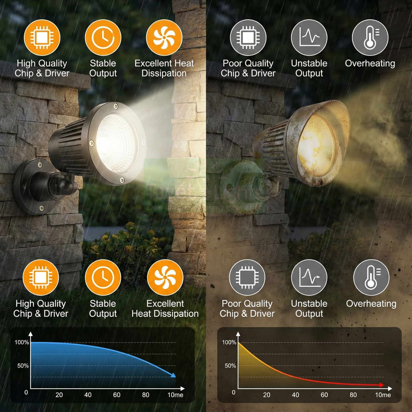 Đèn LED ngoài trời chống nước chất lượng cao so sánh với đèn kém chất lượng về độ sáng và tản nhiệt