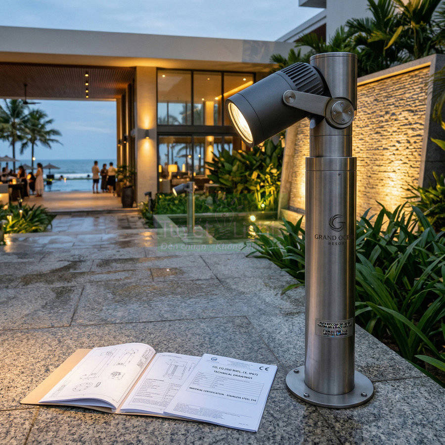 Đèn chiếu sáng ngoài trời bằng inox cao cấp lắp tại lối đi khu nghỉ dưỡng gần biển