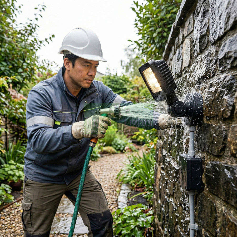 Đèn pha ngoài trời chống nước gắn tường đang được xịt nước trực tiếp để kiểm tra độ bền