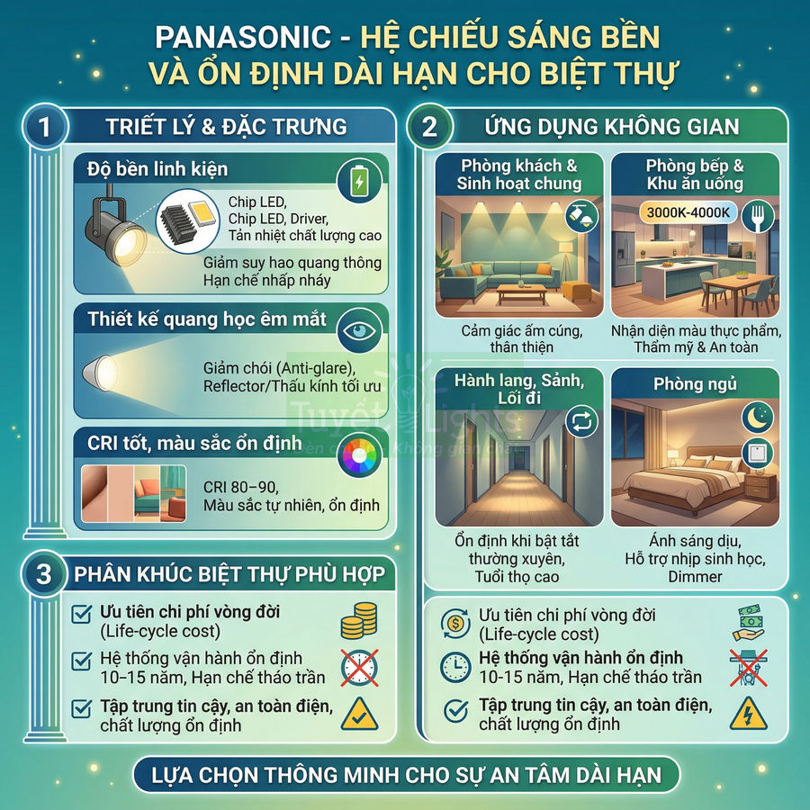 Infographic hệ chiếu sáng Panasonic cho biệt thự, nêu ưu điểm đèn LED bền, ánh sáng êm dịu và ứng dụng cho từng không gian