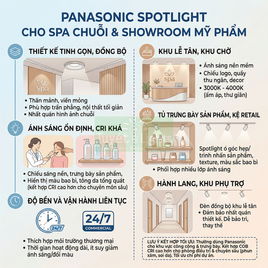 Infographic đèn spotlight Panasonic cho spa chuỗi và showroom mỹ phẩm, ứng dụng chiếu sáng quầy lễ tân và kệ trưng bày