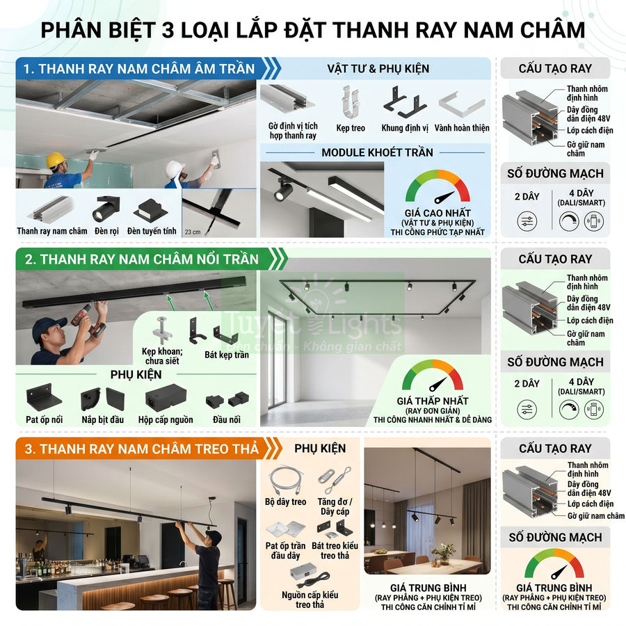 Hướng dẫn phân biệt 3 loại lắp đặt thanh ray nam châm âm trần, nổi trần và treo thả cùng phụ kiện